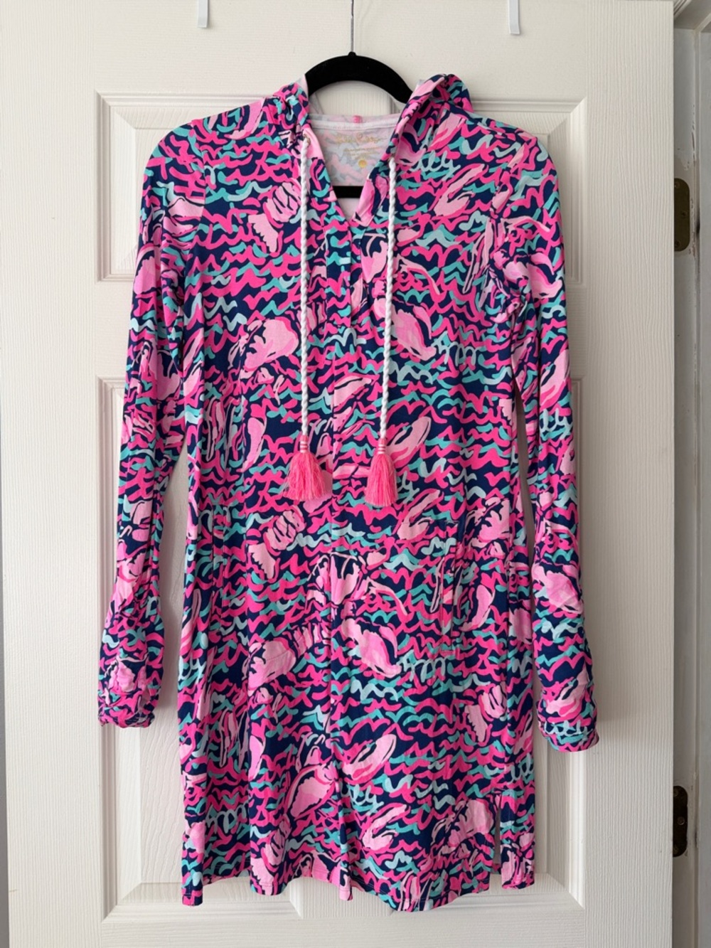 Lilly Pulitzer Pink Teal Navy Hooded Printed Swim Coverup